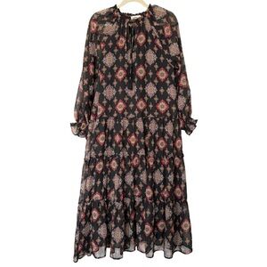 Boho Tiered maxi Dress Black Floral Long Sleeve Loose Fit Lined Size M